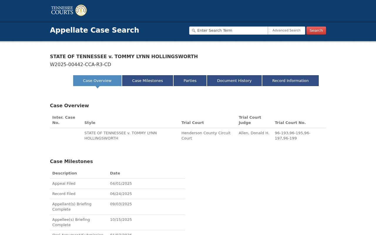 Henderson County civil dockets and sample Tennessee appellate record