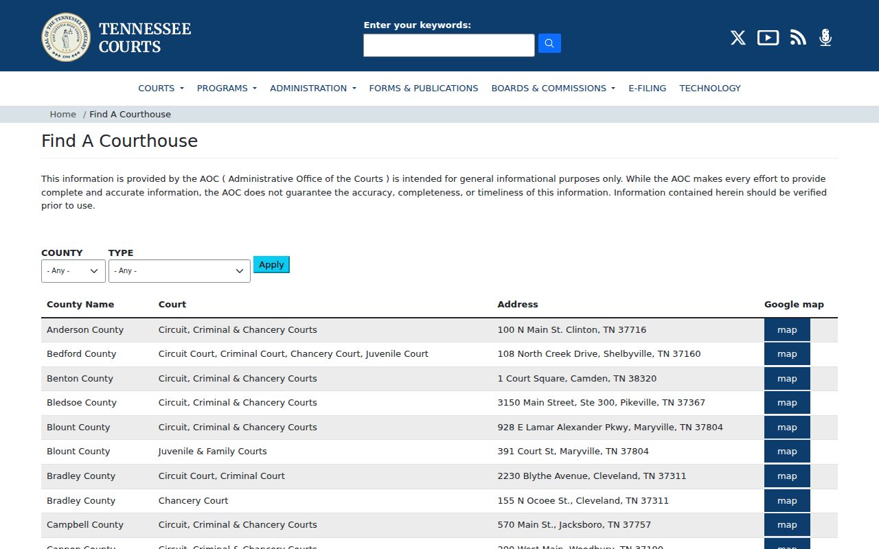 Henderson County court calendar locations in the AOC court finder