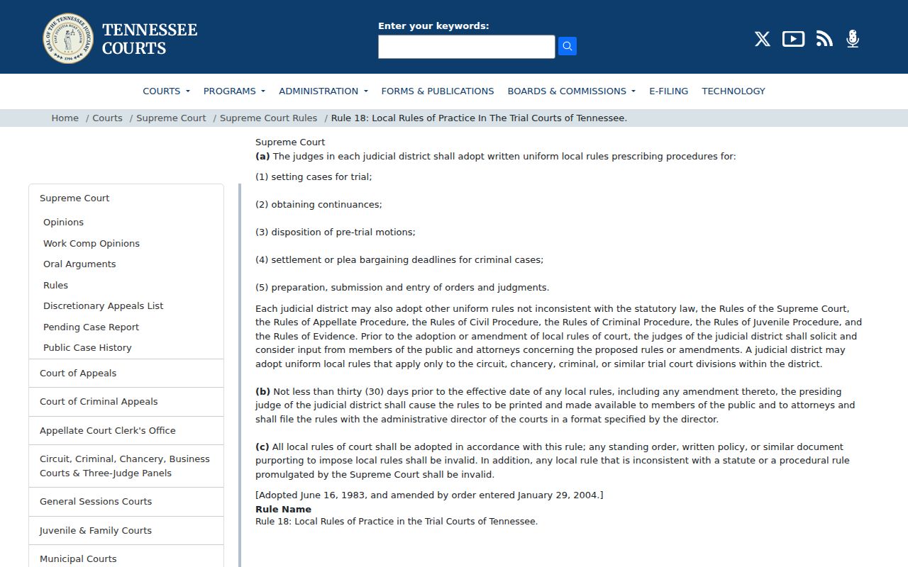 Henderson County court calendar and Tennessee Rule 18 settings