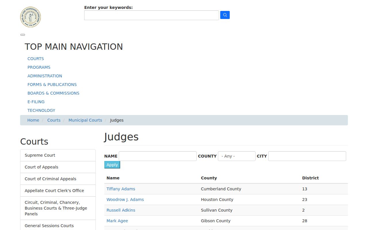 Tennessee municipal court judges directory including Lexington