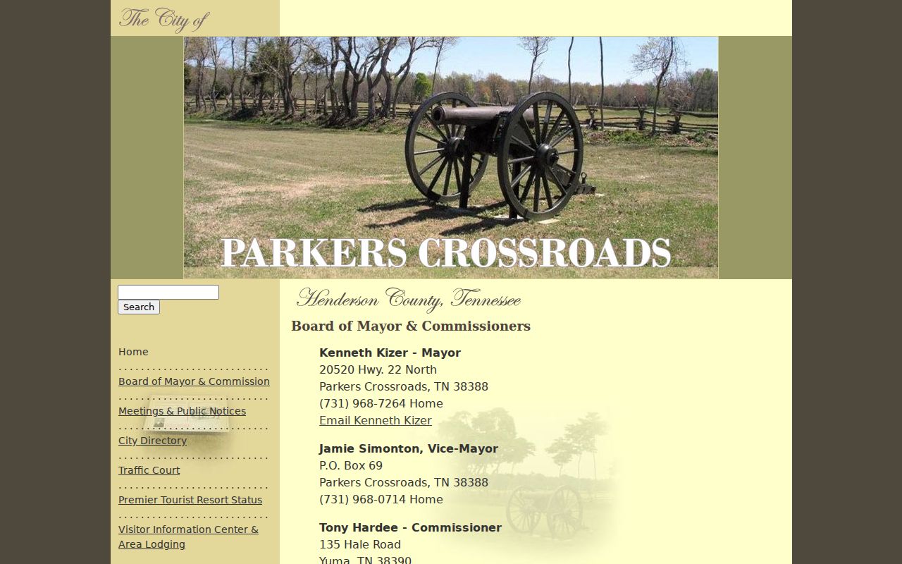 Parker's Crossroads Police page with City Court schedule