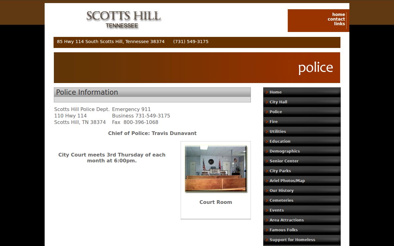 Scotts Hill Police page with City Court schedule